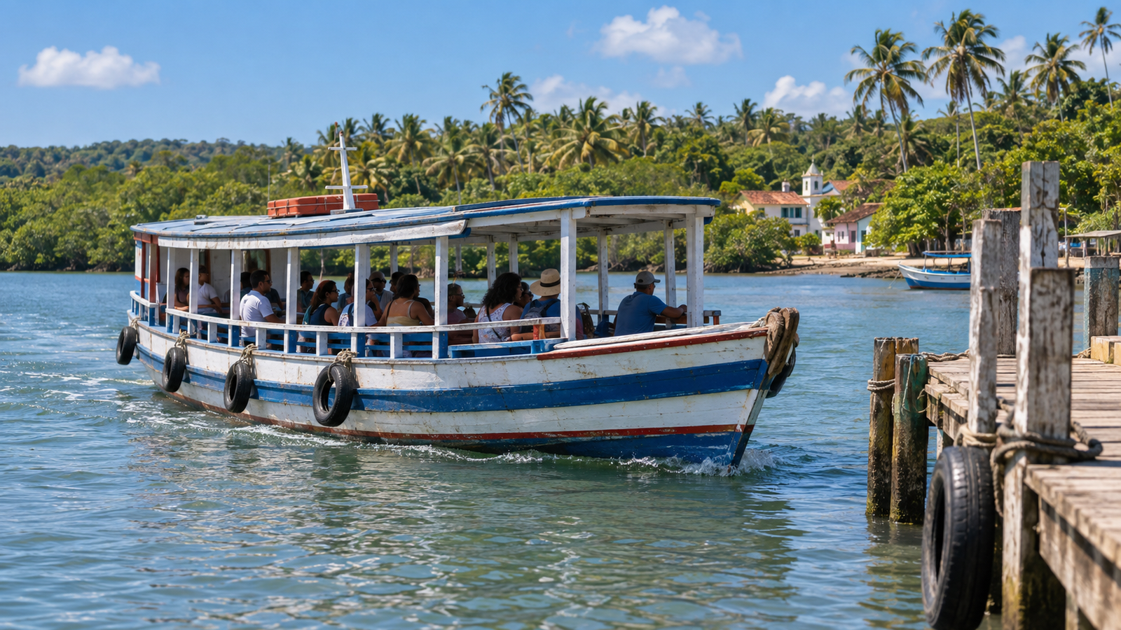 Cena ilustrativa de barco convencional de passageiros na região de Gamboa e Morro de São Paulo
