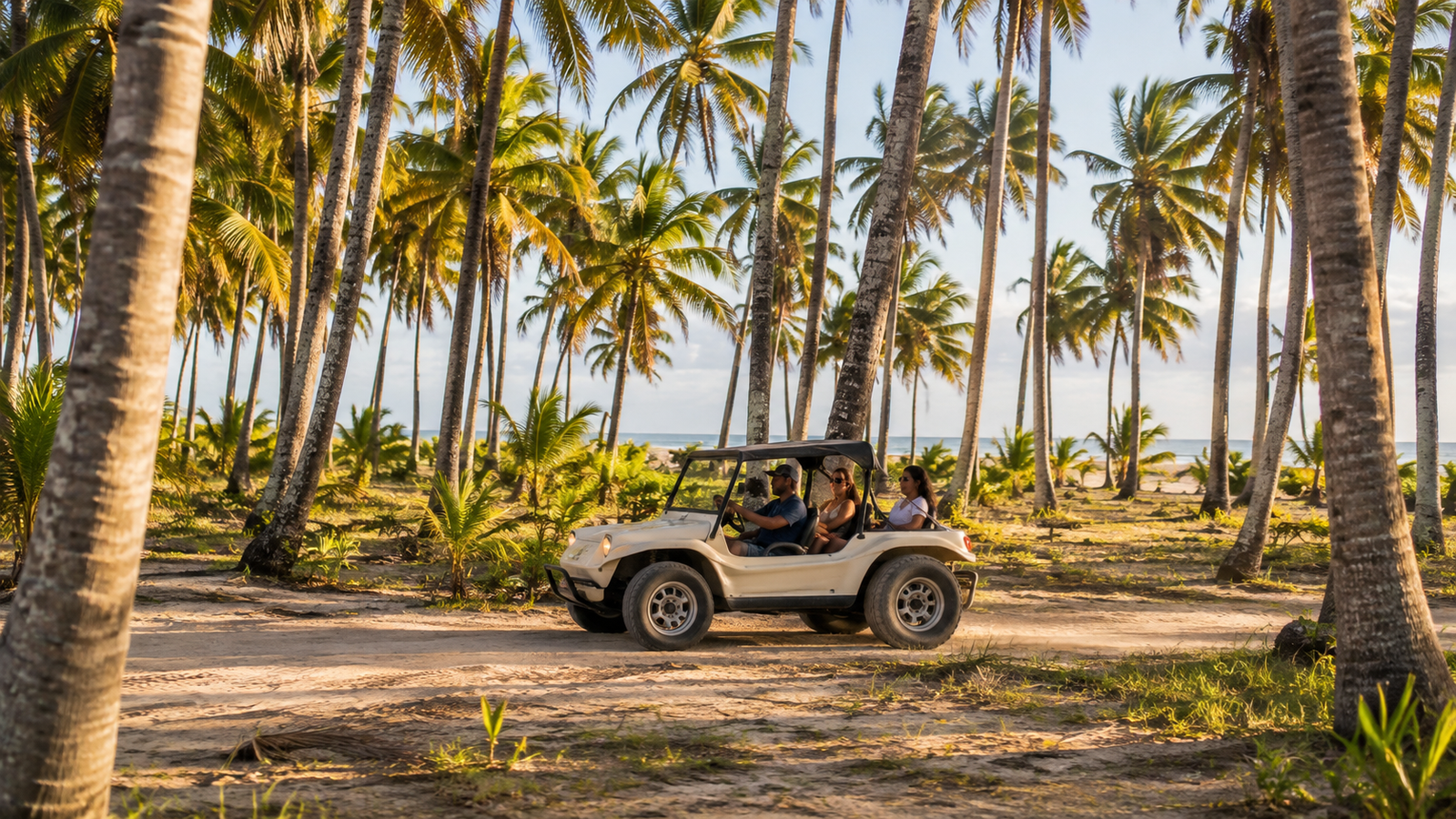 Cena ilustrativa de passeio privativo de buggy entre a vegetação e as praias da Ilha de Tinharé