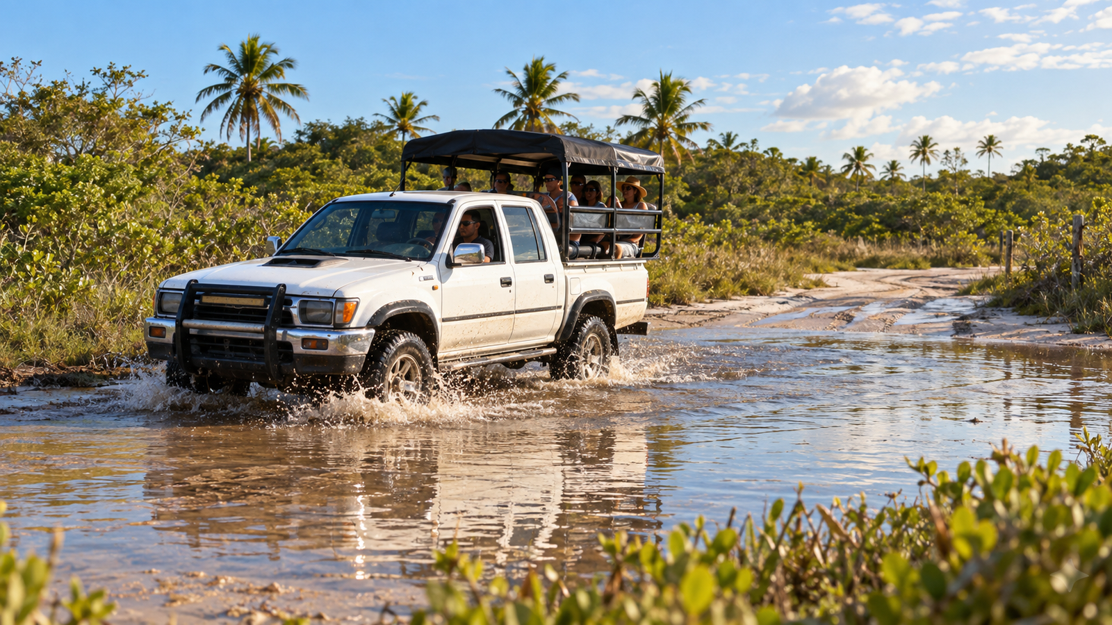 Cena ilustrativa de passeio para Garapuá em picape 4x4 adaptada para passageiros, atravessando um trecho alagado das trilhas da Ilha de Tinharé