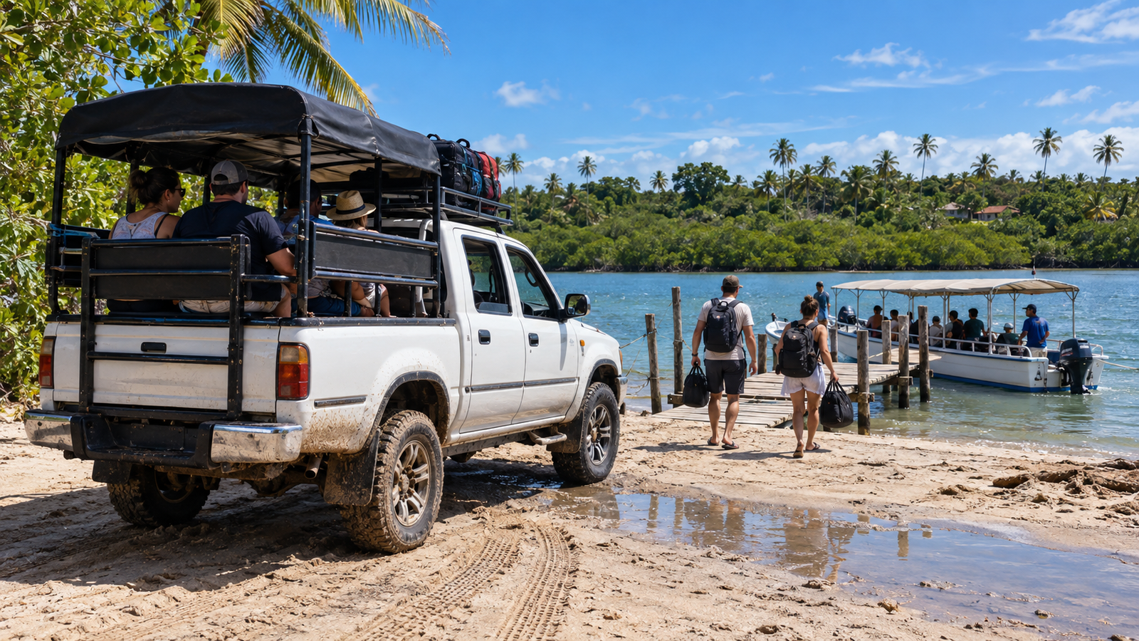 Cena ilustrativa de transfer em picape 4x4 adaptada junto ao ponto de embarque dos passageiros em barco no Pontal, na conexão entre Tinharé e Boipeba